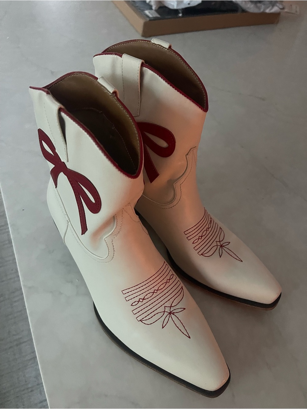 Cream and Red Embroidered Heeled Ankle Boots